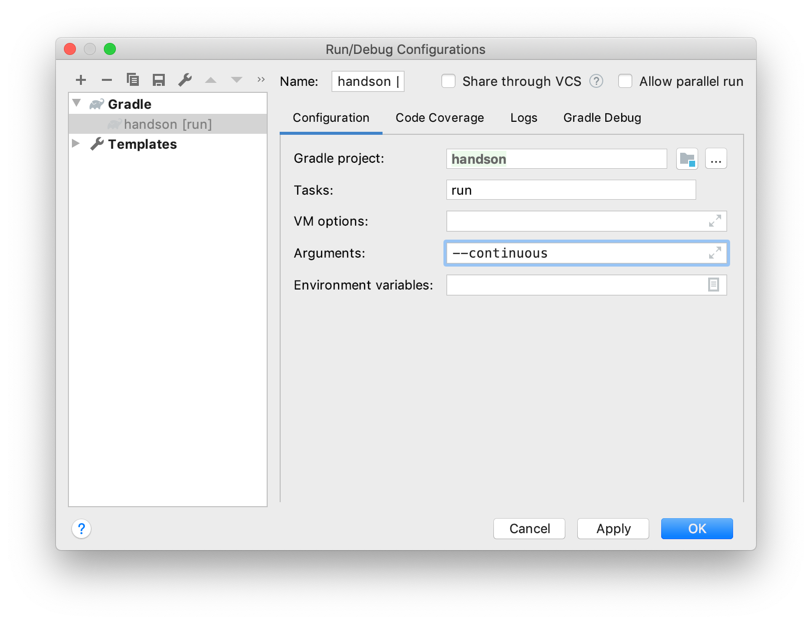 Adding the continuous flag to a run configuration in IntelliJ IDEA